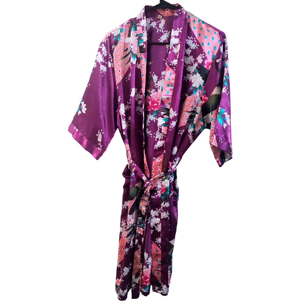 Purple Peacock Floral Kimono Robe Women's Size L Retro Vintage Lounge Sleep Flaw